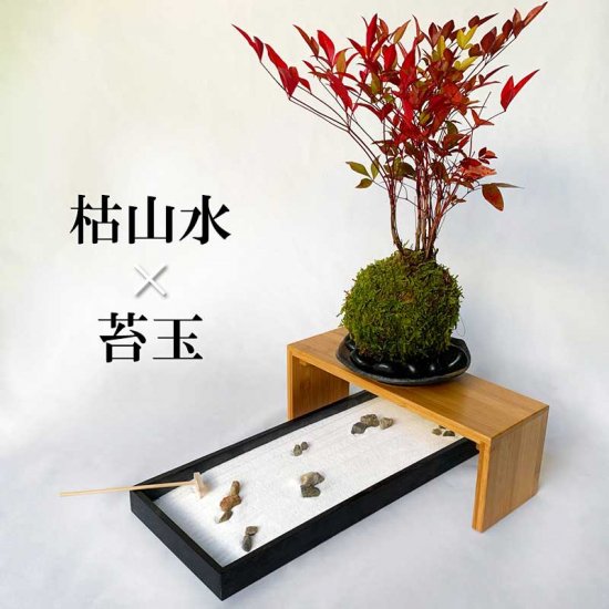 枯山水キット  ( 龍安寺 )+ 南天苔玉 器  天然孟宗竹飾り台セット ナンテン 枯山水セット 枯山水 zengarden karesansui